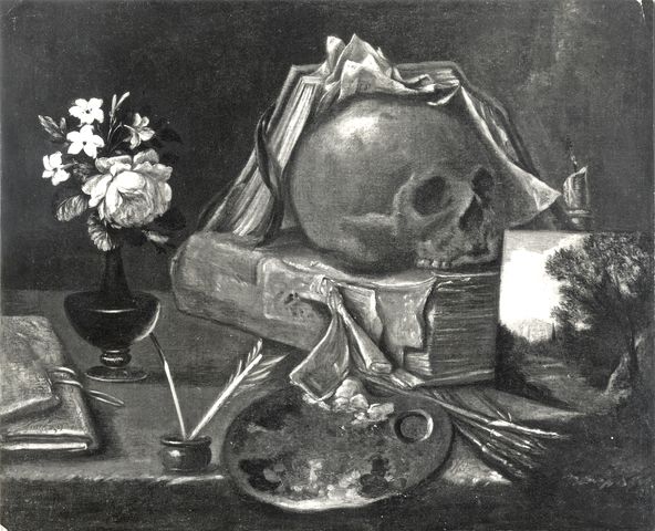 Anonimo — Maestro delle Vanitas - sec. XVII - Natura morta con libro, candela, vaso di fiori, tavolozza e teschio — insieme